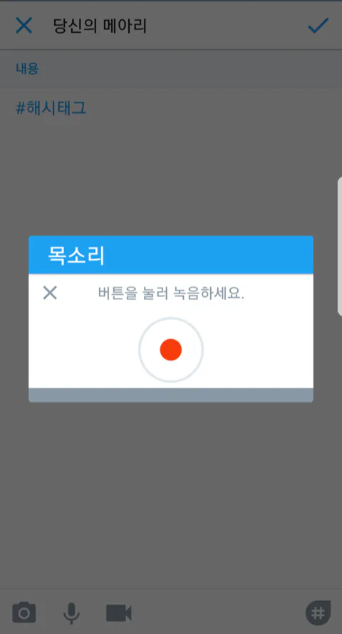 The MeAri voice recorder modal: 'press the button to record,' with a record button under the post composer.
