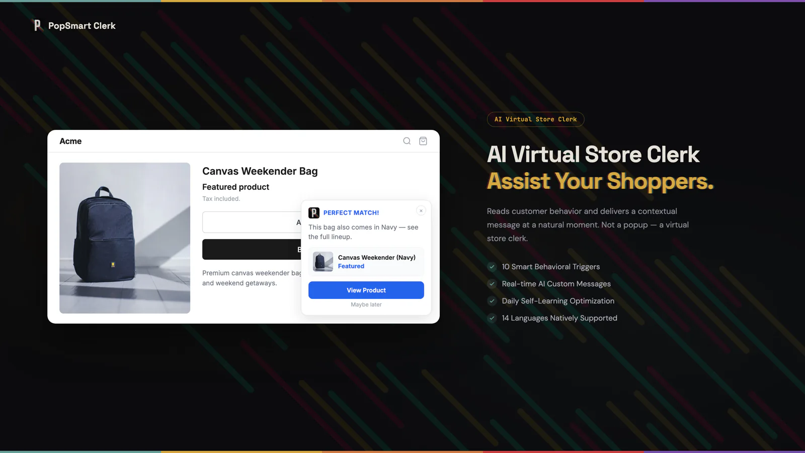 PopSmart Clerk on the Shopify App Store: an AI virtual store clerk that reads customer behavior and recommends in context, beside a storefront with a 'perfect match' message.