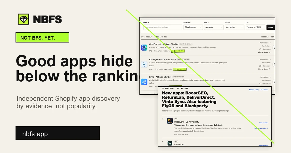 NBFS launch card with the line Good apps hide below the rankings and cropped product screens.