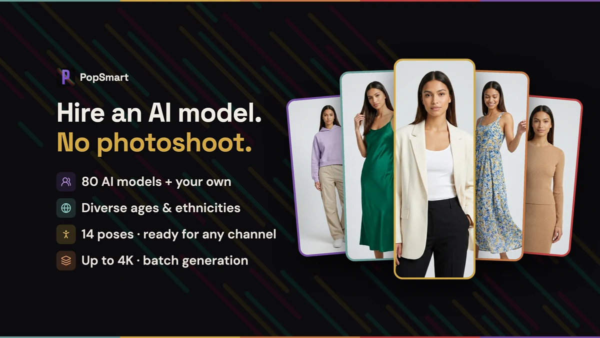 PopSmart AI-generated on-model product photos showing five different outfits.