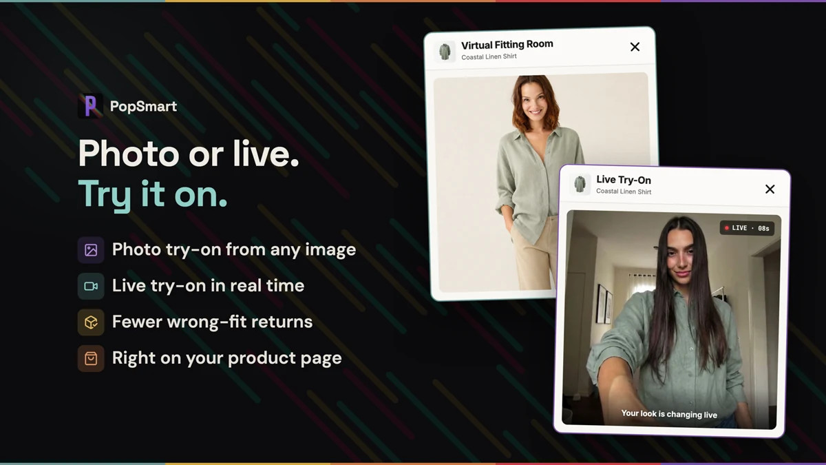 PopSmart Photo Try-On and camera-based Live Try-On shown in separate fitting-room previews.