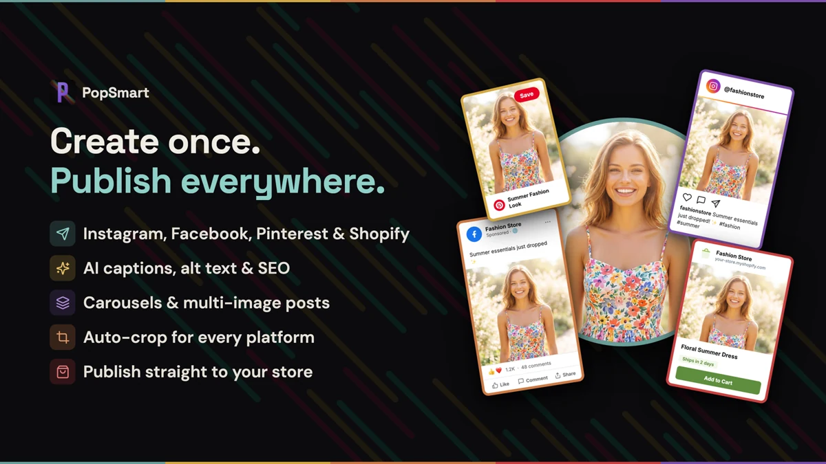 One PopSmart fashion image adapted for Shopify, Instagram, Facebook, and Pinterest publishing.