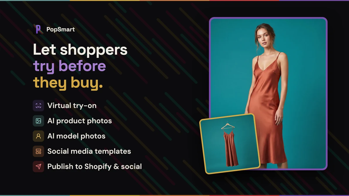 PopSmart virtual try-on preview showing a red dress from the product image on a model.