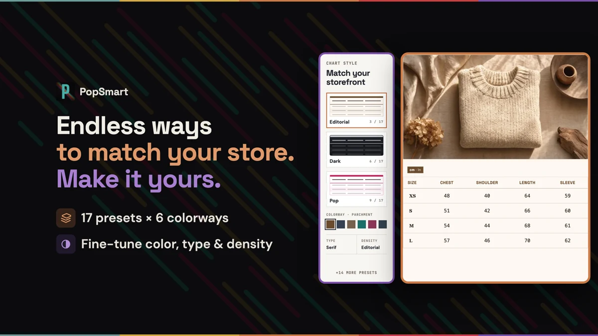 PopSmart size-chart styling controls with preset, color, and layout choices beside a chart preview.
