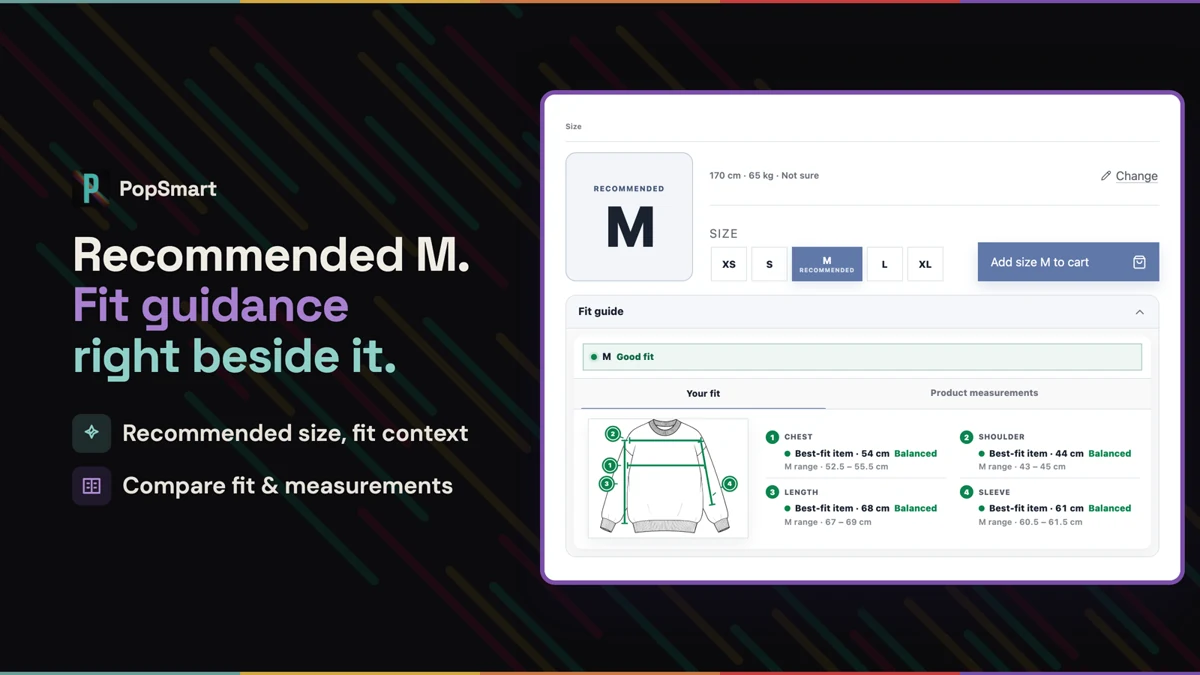 PopSmart fit finder with height, weight, and fit-preference inputs beside a recommended size.