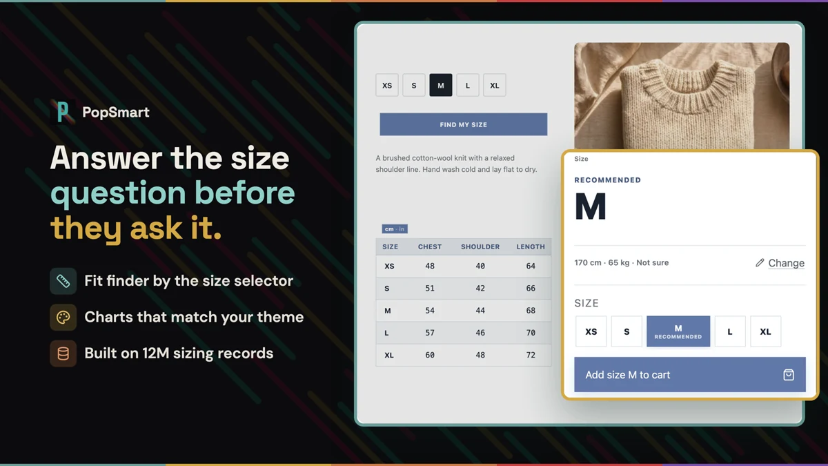 PopSmart size guide and fit recommendation displayed together beside an apparel product.