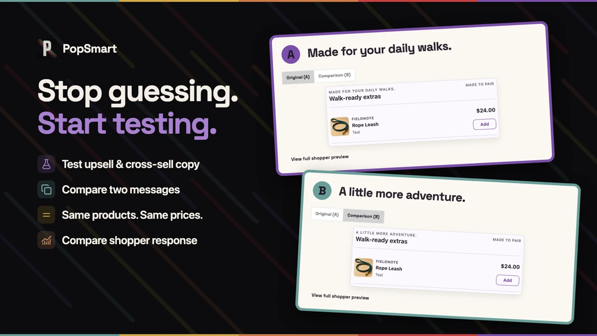 Two PopSmart offer-copy variants displayed side by side for an eligible campaign test.