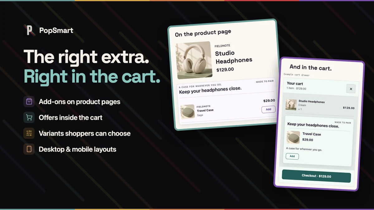 PopSmart product-page and cart offer widgets with related products and add-to-cart actions.