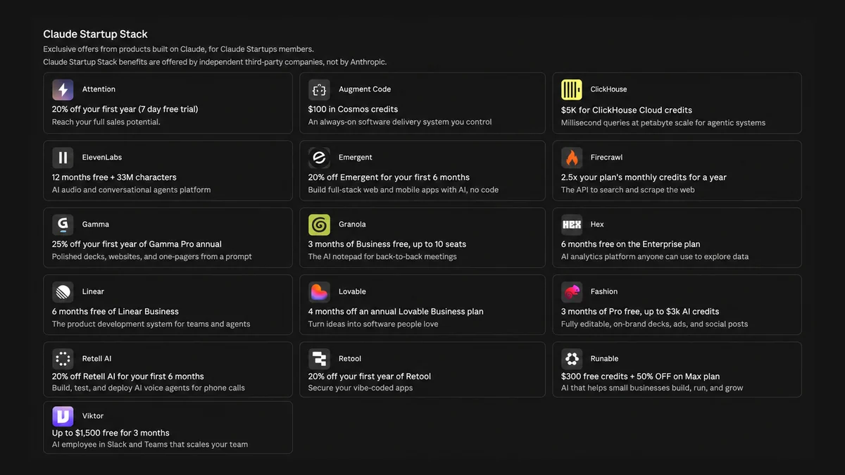 The Claude Startup Stack dashboard showing third-party offers across infrastructure, development, data, audio, and operations tools.