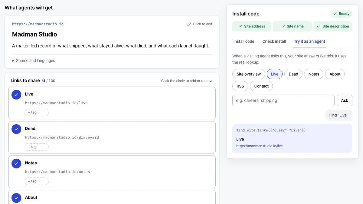 Pagegloss's built-in preview searching for Live and returning the madmanstudio.io/live link.