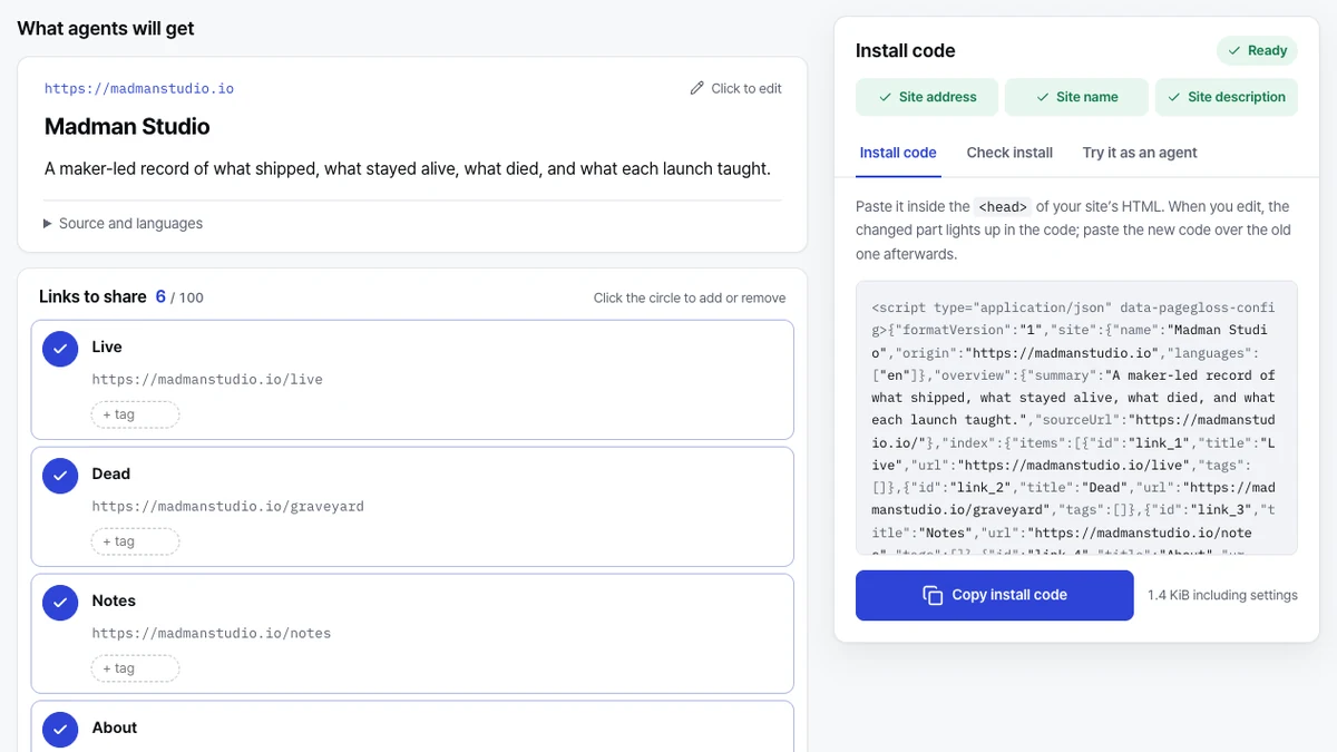 Pagegloss workbench with Madman Studio site information and ready install code.